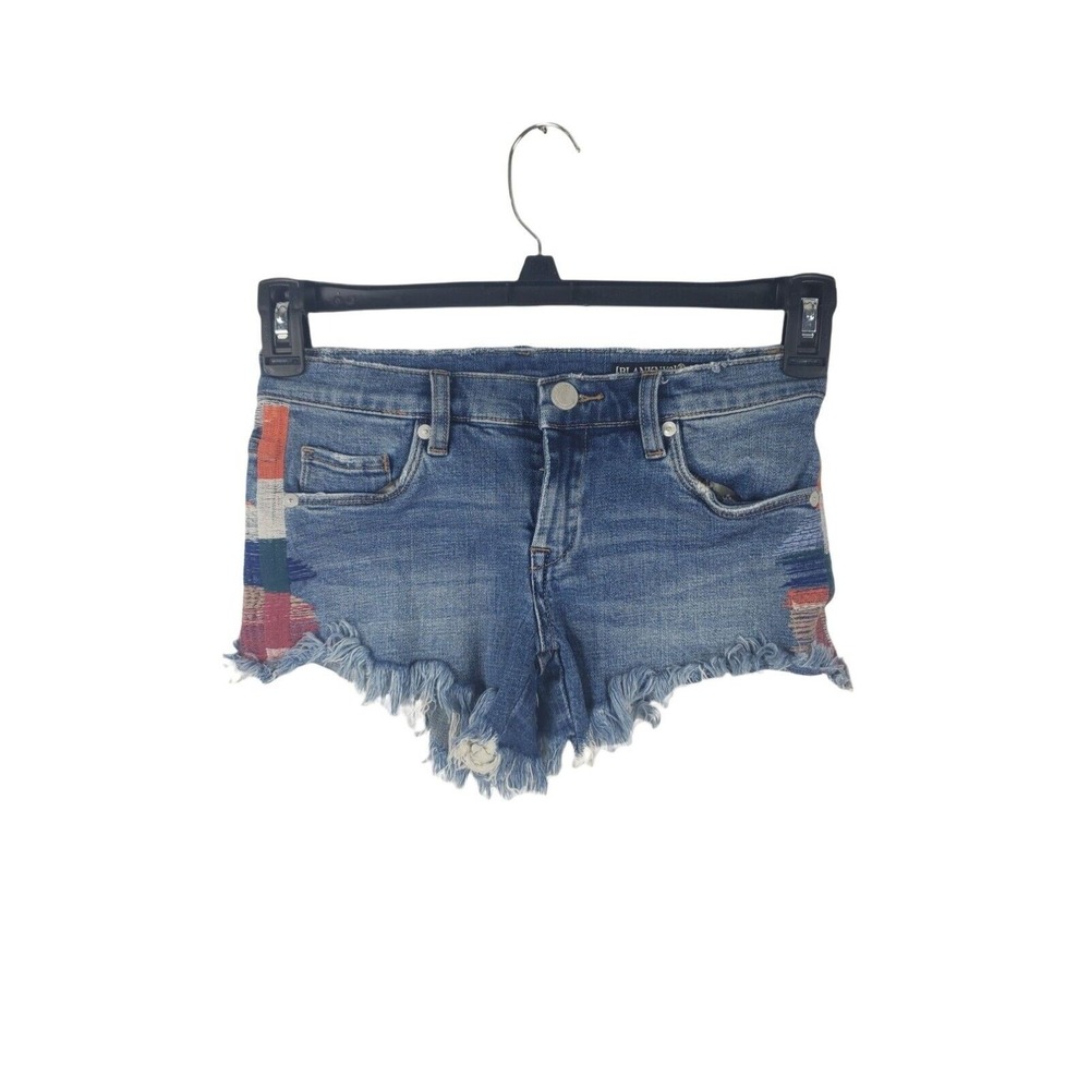 Blank NYC Theastor Denim Shorts 24 Womens Raw Hem Low Rise Embroidered Sides